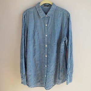 J McLaughlin Button Down Shirt Blue White Seersucker Gingham Check EUC Large